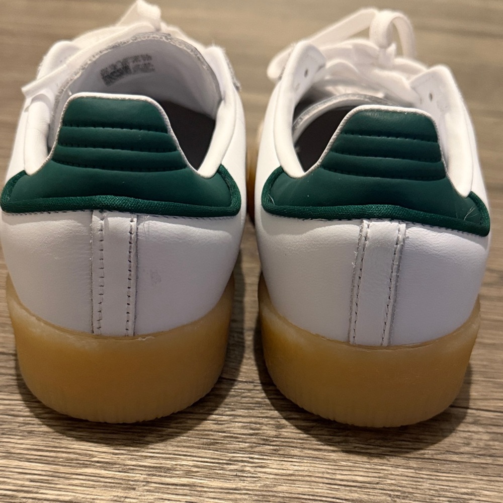 Women’s adidas White Leather Sneakers with Green Stripes and Gum Sole - Picture 6 of 11